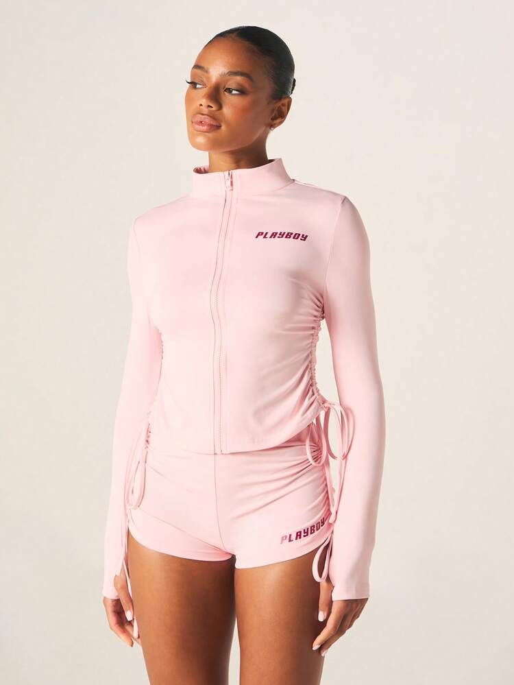 Missguided x Playboy Ruched Side Fitted Zip Up Sports Jacket With Matching High Rise Ruched Drawstring Sports Shorts Two Piece Set