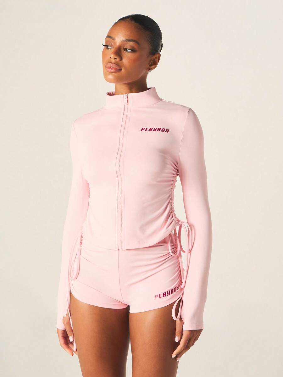 Missguided x Playboy 侧边褶皱修身拉链运动夹克搭配同款高腰褶皱抽绳运动短裤两件套 - 粉色 - 查看 1