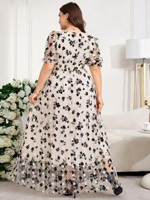 Reflora 大码女式印花方领花瓣袖优雅连衣裙 - 藍色 - 查看 3