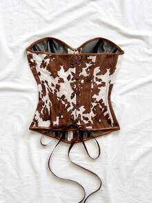 Soleia Áo croptop quây ngực kiểu cung đình cổ điển dành cho nữ, in họa tiết hoa jacquard nhiều màu sắc, có cúc và dây buộc phía sau. - Nhiều màu - Xem 2