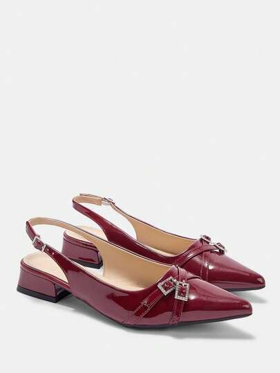 CUCCOO CURVES Women Shoes Wide Fit Fashion Pointed Thick Heel Burgundy Cross Belt Slingback Women's Shoes Simple Classic Daily Comfort Fattened High Heel Women's Shoes Plus Size