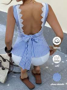 Elyressa Camiseta de mujer con diseño de espalda abierta, lazos y encaje a contraste con rayas - Azul - Ver 3