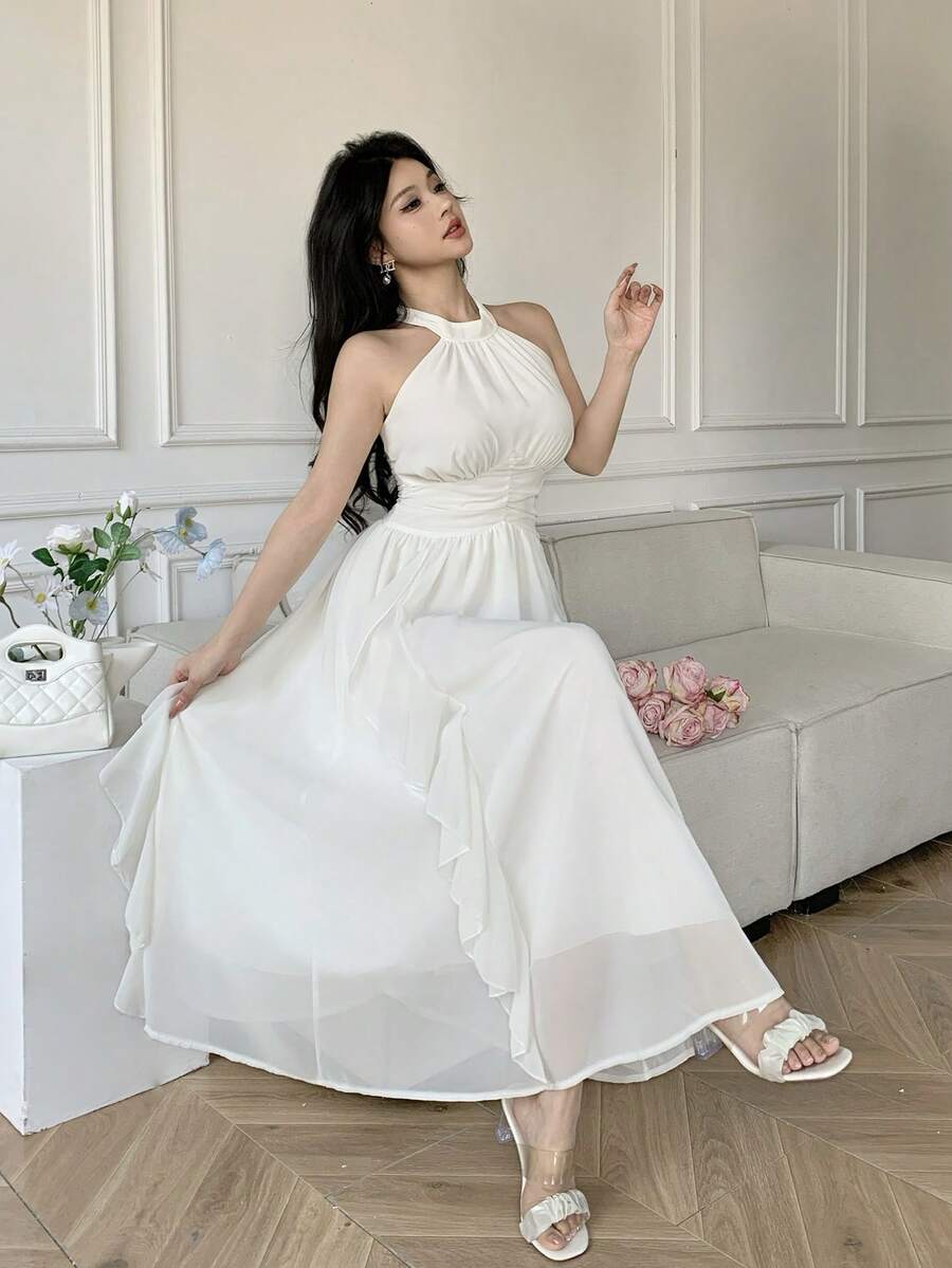 Celisse 女士休闲优雅生日立领荷叶边A字长裙，夏季 - 米色 - 查看 1