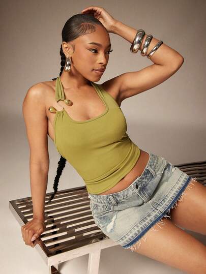 Denimoi Top halter asimétrico con decoración de metal sin espalda, unicolor, para vacaciones de verano en la playa de mujeres