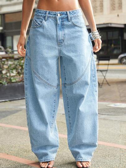 Denimoi Paneled Barrel Leg Jeans Fashionable Streetwear Barrel Jeans It Girl
