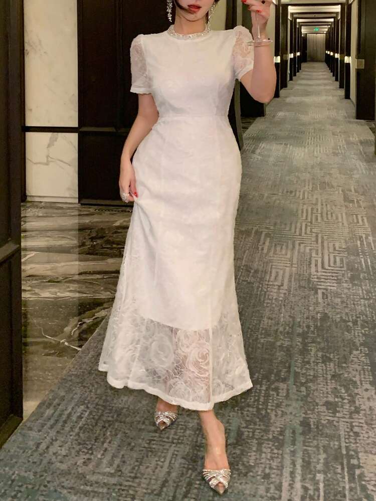 Women's Round Neck Short Sleeve Lace Mermaid Hem Fitted Elegant Dress