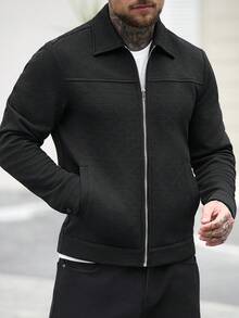 Manfinity Homme 男士纯色拉链休闲百搭日常长袖外套 - 黑色 - 查看 7