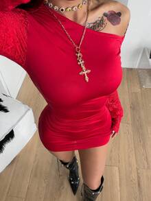 Coolane Women's Spring New Year Eve Date Night Rib Knit Ruched Asymmetrical Neck Slim Fit Skirts - Red - View 2