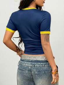 Coolane 巴西女士加大码春夏街头风酷炫篮球球衣设计字母印花黄色上衣 - 寶藍色 - 查看 7