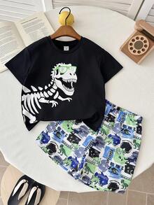 SHEIN 两件套男童卡通恐龙印花彩色短裤和圆领短袖T恤套装，休闲舒适，百搭，适合日常穿着、外出、户外活动、度假、海滩旅行、夏季、春季和夏季。 - 彩色 - 查看 9