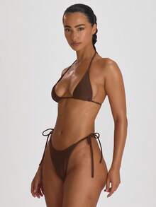 Musera Resort 系带侧开衩丁字比基尼泳裤 度假夏季旅行沙滩装 基本款纯色泳装 度假风 - 棕色 - 查看 3