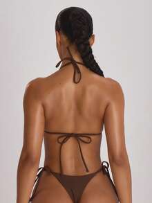 Musera Resort 系带侧开衩丁字比基尼泳裤 度假夏季旅行沙滩装 基本款纯色泳装 度假风 - 棕色 - 查看 4