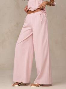 SHEIN BAE 春夏粉色亚麻条纹系带荷叶边装饰松紧腰带口袋细节阔腿裤，适合海滩、度假、可爱裤装、意大利度假、伊比沙岛、条纹裤、夏季裤装、休闲裤 - 粉色 - 查看 8
