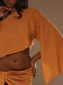 MUSERA Cheesecloth Asymmetric Slash Neck Draped Long Sleeve Top Spring Summer Vacation Beach Elegant Ibiza Festival Holiday Tajine - Orange - View 2