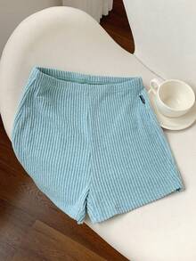 Comfortcana Women's Casual Ribbed Knit Cycling Shorts, Solid Color, Suitable For Daily Commute, Summer - Blue - View 3