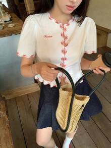 DAZY 女士白色棉质蝴蝶结荷叶边短袖V领衬衫，露脐设计，秋冬款 - 白色 - 查看 8