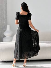 Modelyn Đầm nữ màu trơn cổ vuông tay ngắn dáng suông thanh lịch, dài đến đầu gối, thích hợp cho mùa hè. - màu đen - Xem 4