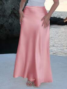 Turnttoni 女士缎面半身裙，百搭鱼尾中长裙，日常穿着半身裙，莲藕粉色 - 藕粉色 - 查看 4