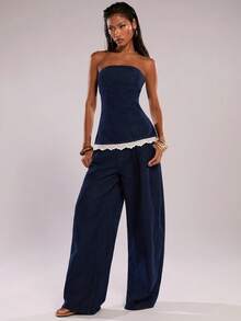 SHEIN BAE 女士撞色斜纹饰边抹胸上衣搭配阔腿牛仔裤休闲度假套装，适合春、夏、秋季穿着。 - 深色水洗藍 - 查看 5