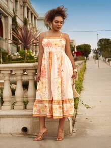 Travachic 大码女士度假印花休闲吊带裙，春夏，女士夏季服装，女士沙滩装，女士，春假，女士音乐会服装，波西米亚风，锐舞服装，热带度假，节日，浪漫夏季连衣裙，女士波西米亚风连衣裙，女士热带风连衣裙，女士连衣裙，度假新款，女士连衣裙 - 橘色 - 查看 7