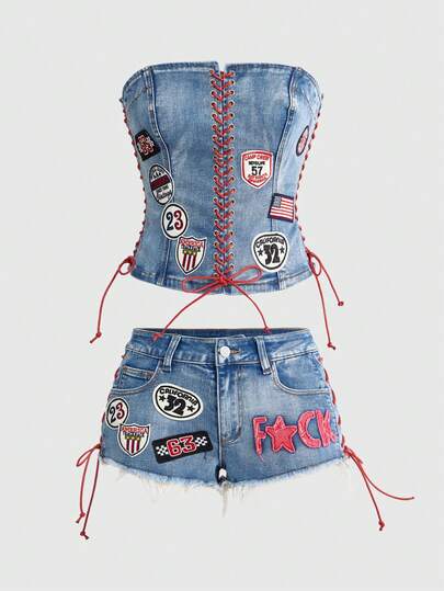 ROMWE Y2K 前卫赛车摩托车机车风女士露脐牛仔胸衣上衣和低腰超短牛仔裤两件套