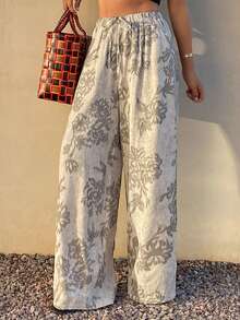 DAZY 女士弹力腰抽绳直筒宽松印花休闲裤 - 淺灰色 - 查看 3