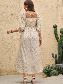 Boho Mama 孕妇碎花七分袖单排扣休闲连衣裙 - 杏色 - 查看 5