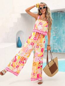 Vivid Eden 女士几何图案吊带背心和裤子休闲两件套，度假装 - 粉色 - 查看 5