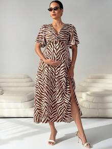 MaterniWear Maternity Zebra Print Side Slit Dress - Mocha Brown - View 3