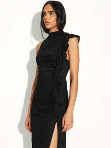 KSTM Vestido largo elegante de encaje negro con fruncido lateral y abertura alta para ocasiones especiales de noche - Negro - Ver 4