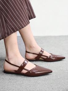 CUCCOO BIZCHIC Women's Pointed Toe Brown Patent Leather All-Match Commuter Versatile Daily Minimalist One-Strap Backless Flat Shoes - Brown - View 5