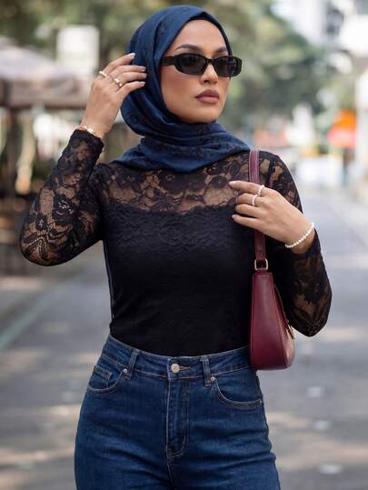 Calvaya Women's Elegant Lace Sheer Sexy Long Sleeve Fitted T-Shirt