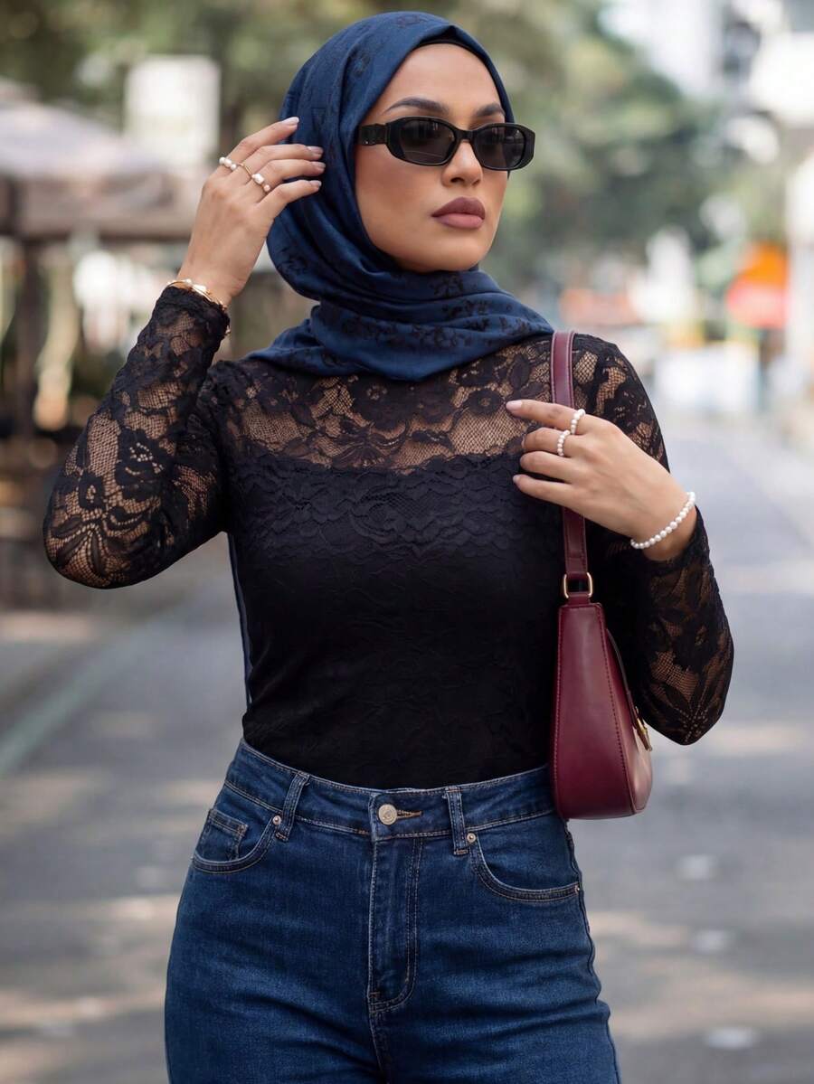 Calvaya Women's Elegant Lace Sheer Sexy Long Sleeve Fitted T-Shirt - Black - View 1