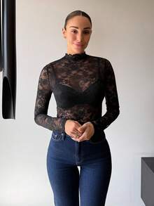 Mélanie ORL 女士花卉蕾丝立领长袖性感透视紧身衣 - 黑色 - 查看 3