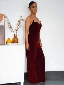 SAYEHFBABY 优雅、精致、浪漫、性感、独特的时尚新年、情人节、派对、舞会不对称高腰天鹅绒酒红色阔腿无肩带连体裤，秋冬款 - 酒紅色 - 查看 6