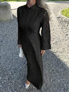 Jeta Ari Solid Color Lace Trimmed Button Decoration Long Sleeve Dress Maxi Women Outfit - Black - View 3