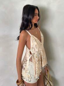 Glamine Women's Shiny Asymmetrical Hem Blouse For Beach Vacation & Date - Apricot - View 2