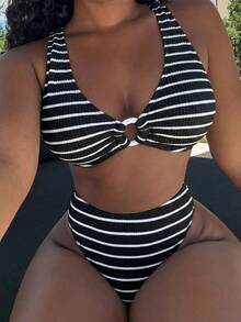 Alexandranx Ladies' Striped Circular Link Sexy Bikini Set For Summer Beach, 2pcs - Black and White - View 5