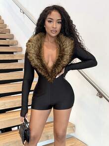 Alexandranx 毛领拼接深V领长袖紧身连体裤 - 黑色 - 查看 4