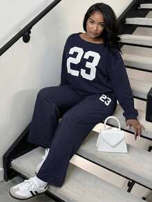 Alexandranx 2pcs/Set Women Casual Numeric Print Long Sleeve Top And Long Pants Set Y2k - Navy Blue - View 5