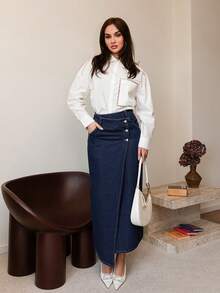 Bris Aura 女式牛仔中长直筒裙、秋季女式裙子、女式街头服饰、女式牛仔裙、不对称裙子、秋季女装、冬季裙子、商务休闲女装、冬季女装 - 深色水洗藍 - 查看 3