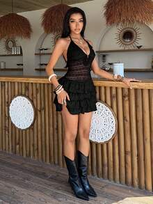 SHEIN DivaQ Women's Sexy Vacation Sheer Lace Layered Hem Backless Tie Neck Dress, Summer - Black - View 6