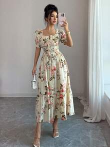 Elenzga Floral Print Petal Sleeve Ruffle Hem Waist Cinched Mini Dress - Pink - View 6