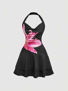 SHEIN MOD 女士优雅蝴蝶印花露背迷你吊带连衣裙，夏季 - 黑色 - 查看 2