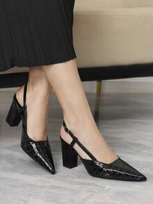 Sleekvia 女鞋尖头粗跟黑色压纹后跟带露跟高跟鞋简约优雅时尚百搭舒适通勤女鞋 - 黑色 - 查看 1