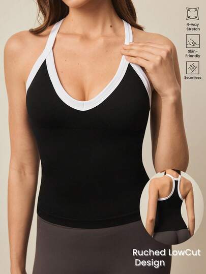 With My Calm Seamless Knit Cropped Colorblock Sports Bra With Removable Padded Bust, V-Neck, Can Be Worn Alone Or As Layering