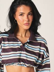 MISSGUIDED 女士条纹长袖露脐上衣，弹性下摆和翻领设计，适合秋冬休闲街头风穿着。 - 彩色 - 查看 4