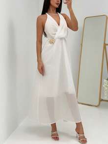 Aloruh Women's Metal Flower Decor Halter Dress Vacation White Summer Elegant,Wedding Guest Clothes - White - View 4