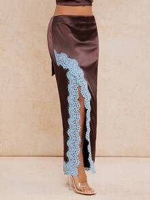 Lumalex 缎面亮面低腰修身鱼尾裙，饰有撞色蕾丝边拼接 - 咖啡棕 - 查看 6