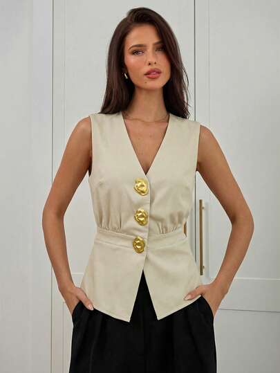 Aloruh Women's Elegant Solid Color Casual Business Single-Breasted Deep V-Neck Thin Vest